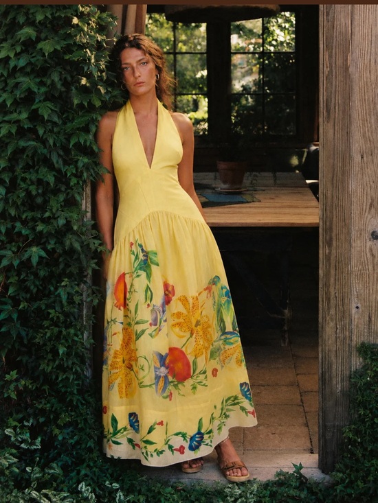 Helena Bloom Dresses & Skirts - Yellow Halter Maxi Dress with Floral Border Print